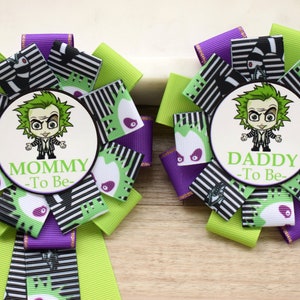 Green Black Halloween Baby Shower,  Baby Shower, Mommy To Be Ribbon Pin, Daddy To Be Badge Pin