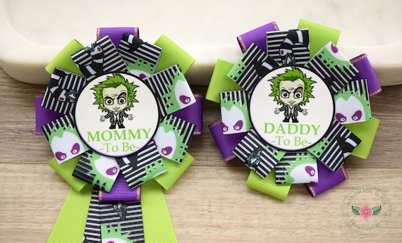 Green Black Halloween Baby Shower,  Baby Shower, Mommy To Be Ribbon Pin, Daddy To Be Badge Pin