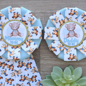 Baby Boy Blue Teddy Bear Baby Shower, Boy Bear Mommy To Be Ribbon Pin, Blue Teddy Bear Daddy To Be Pin, Parent&#39;s To Be Pins
