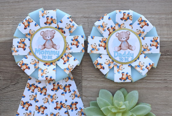 Baby Boy Blue Teddy Bear Baby Shower, Boy Bear Mommy To Be Ribbon Pin, Blue Teddy Bear Daddy To Be Pin, Parent's To Be Pins