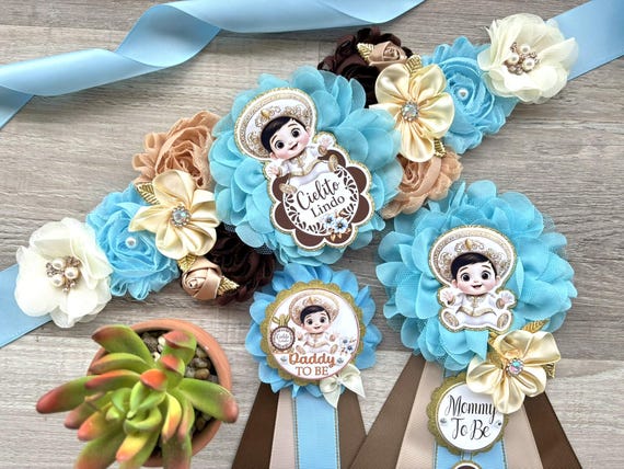Boy Cielito Lindo Baby Shower, Maternity Sash, Blue Cielito Lindo Mommy To Be Pin, Daddy To Be Pin, Baby Shower Gift, Custom Order Welcome