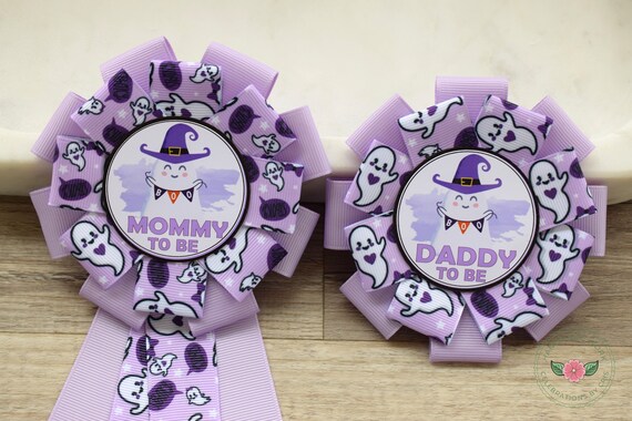 Girl Purple Ghost Halloween Baby Shower, Ghost Baby Shower, Mommy To Be Ribbon, Daddy To Be Pin
