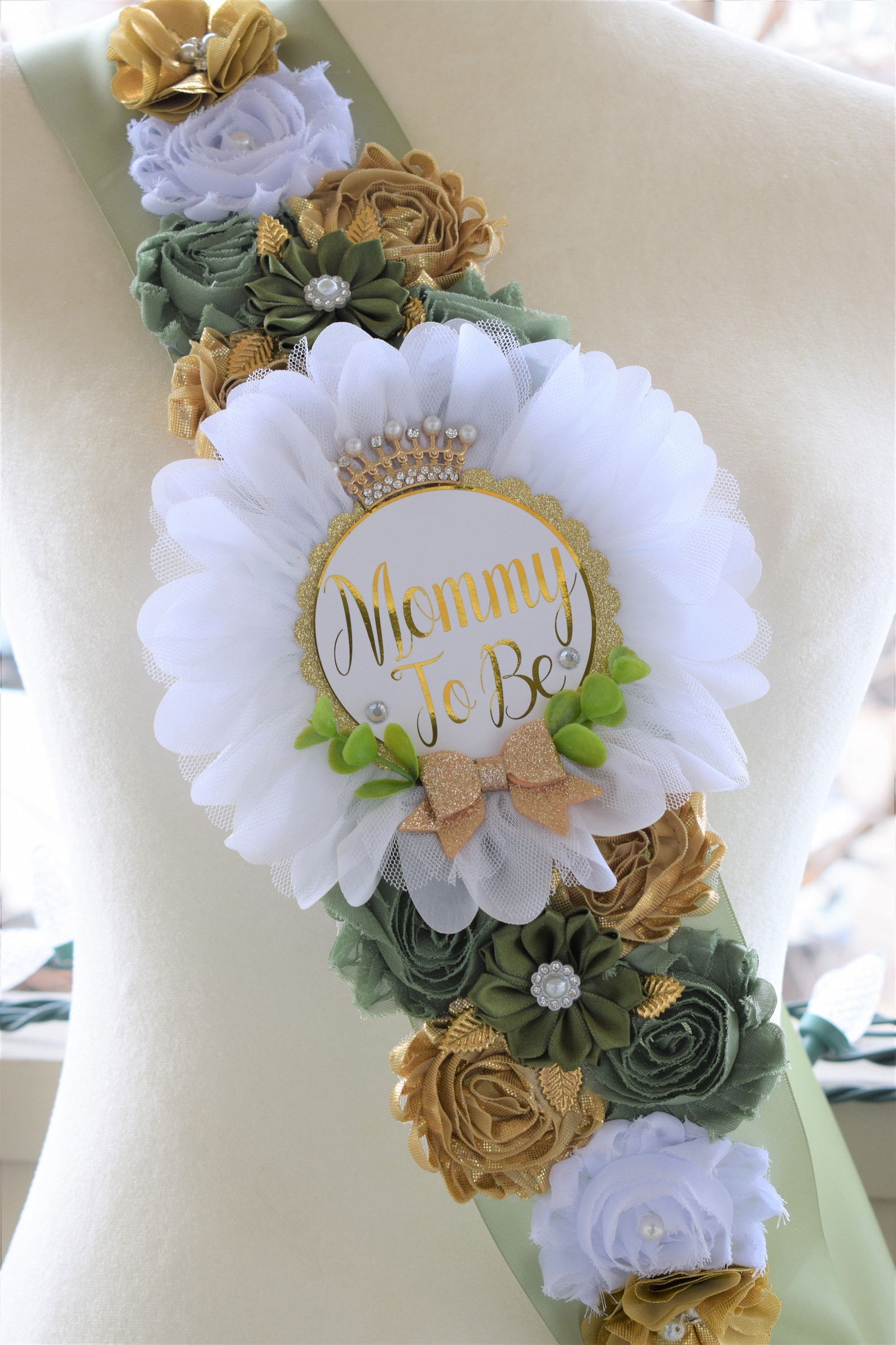 Greenery Shoulder Sash Baby Shower Green White Gold Shoulder Etsy
