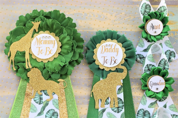 Safari Green Gold Leave Corsage Pins, Gold Safari Animal, Greenery Gold Mommy Pin, Jungle Safari Green Gold Baby Shower, Mommy and Daddy pin