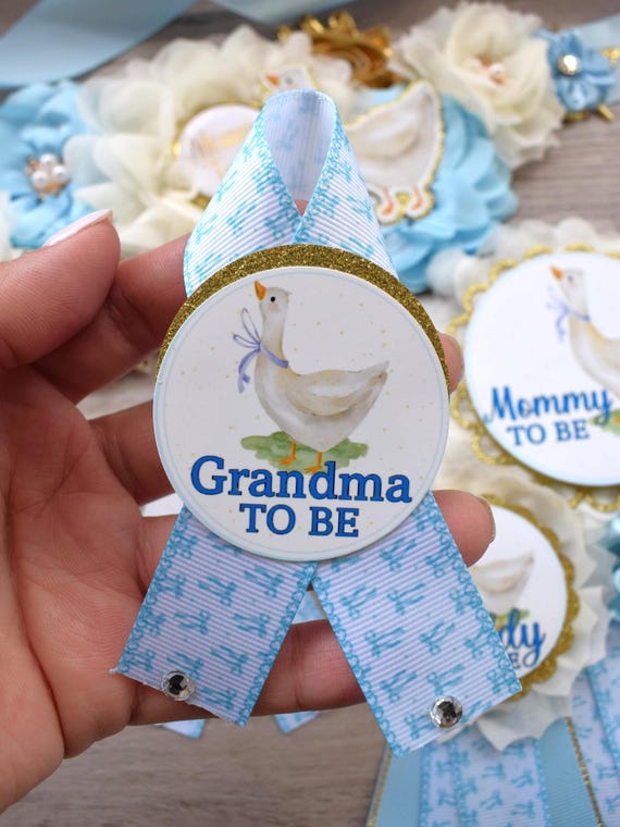 Boy Silly Goose Baby Shower, Goose Maternity Belly Sash, Ivory Blue Gold Mommy To Be Ribbon Pin, Goose Daddy To Be Pin, Family Custom Pins