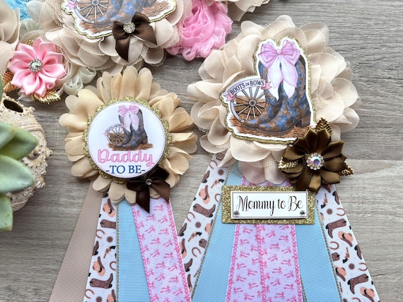 Boots and Bows Gender Reveal Baby Shower, Blue Pink Maternity Sash, Boy Girl Mommy To Be Pin, Daddy To Be Pin, Boots and Bows Baby Shower