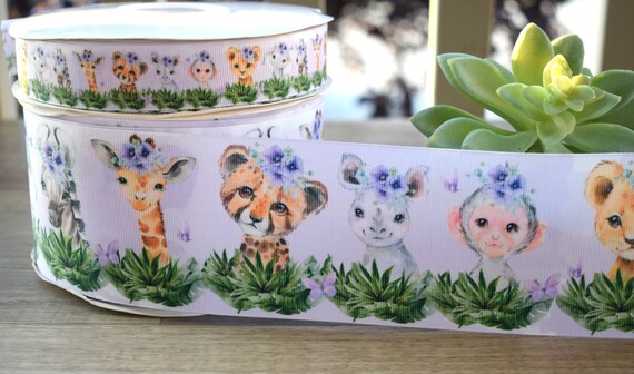 Purple Girl Animal Safari Ribbon, Diaper Cake Ribbon, Lavender Girl Baby Safari Ribbon, Safari || 3 Yards of Ribbon -1" (25mm) / 3" (75mm)