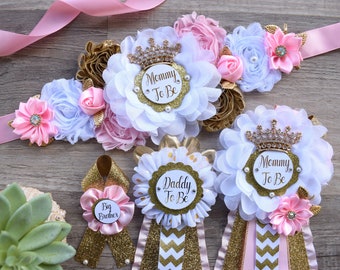 Pink Gold Princess Flower Sash, Pink Gold Maternity Sash, Pink Gold White Mommy To Be Pin, Daddy To Be Pin, Princess Baby Shower, Custom