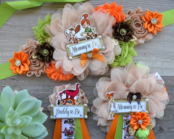 The Flintstones Baby Shower, Stone Age family Mommy To Be Ribbon Pin, Daddy To Be Ribbon, Pebbles Bam Bam Shower, Baby Shower Gift