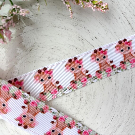 Girl Giraffe Grosgrain Ribbon, Diaper Cake Ribbon, Pink Flower Giraffe Safari Ribbon || 3 Yards of Ribbon - 1" (25mm)
