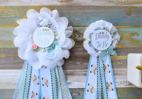 Lamb Ribbon Corsage Pins, Lamb Mommy To Be Badge Baby Shower, Sheep Blue Brown Mommy To Be Pin, Sheep Lamb Daddy To Be Pin, Lamb Shower