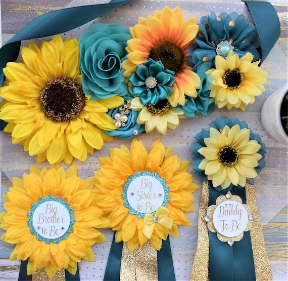 Sunflower Teal Baby Shower, Sunflower Teal Maternity Sash, Teal Sunflower Flower Sash, Sunflower Teal Theme Baby Shower, Custom Sash
