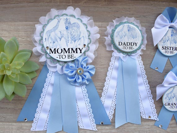 Toile Jungle Safari Baby Shower, Blue and White Safari Maternity Sash, Animal Mommy To Be Pin, Jungle Daddy To Be Pin, Family Custom Pin