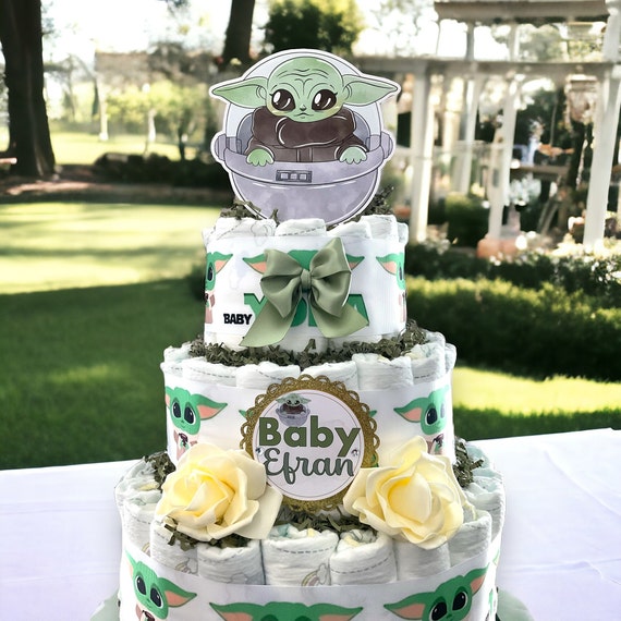 Green Ivory Baby Shower Diaper Cake, 3 Tier Diaper Cake Centerpieces Decor, Yoda Baby Shower, Room Nursery Decor, New Mom Gifts - S00023