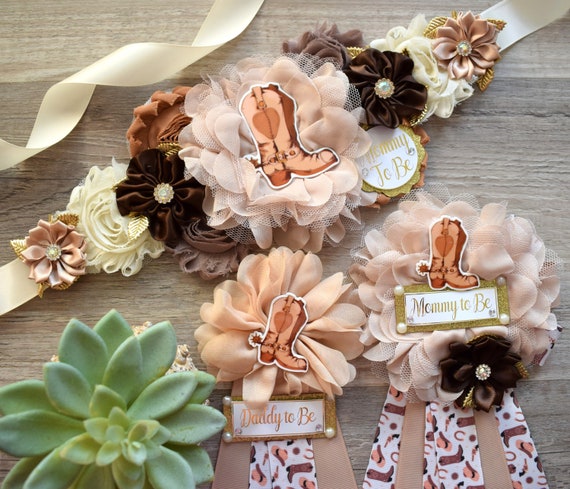 Neutral Cowboy Baby Shower, Rustic Tan Brown Cowboy Maternity Sash, Gender Reveal Mommy To Be Ribbon, Daddy To Be Pin, Boot Hat Corsage Pin