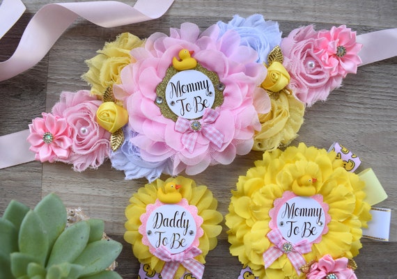 Girl Pink Ducky Baby Shower, Ducky Maternity Sash, Rubber Duck Mommy To Be Ribbon, Yellow Pink Rubber Duck Daddy To Be Pin, Gift Baby Shower