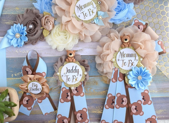 Blue Bear Baby Shower, Teddy Bear Blue Flower Sash, Teddy Bear Corsage Pin, Bear Mommy To Be, Bear Daddy To Be, Bear Baby Shower, Custom
