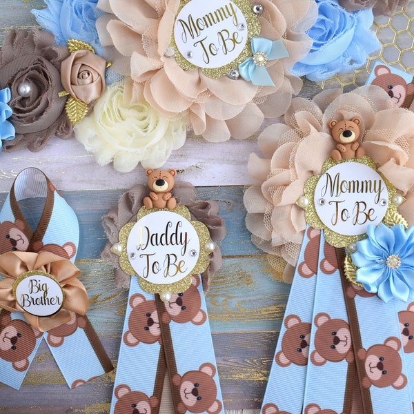 Blue Bear Baby Shower, Teddy Bear Blue Flower Sash, Teddy Bear Corsage Pin, Bear Mommy To Be, Bear Daddy To Be, Bear Baby Shower, Custom