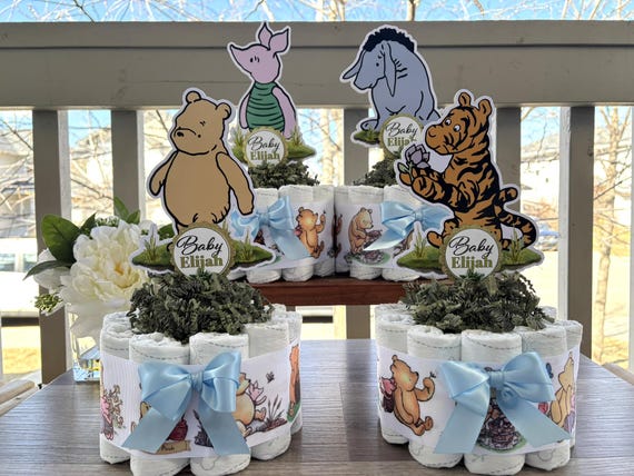 Classic Winnie The Pooh Mini Diaper Cake Baby Shower, Centerpieces Decorations, Room Nursery Decor, Piglet Tiger Eeyore Baby Shower