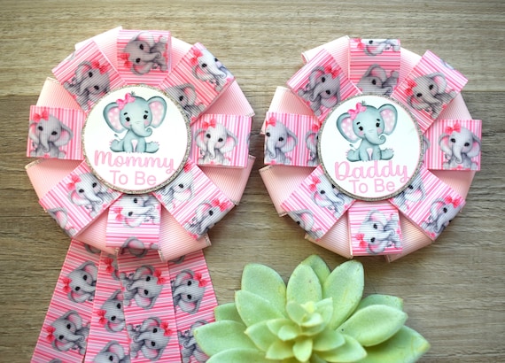 Baby Girl Elephant Baby Shower, Pink Elephant Corsage Pin Set, Elephant Mommy To Be Ribbon Pin, Daddy To Be Pin, Parent's To Be Pin