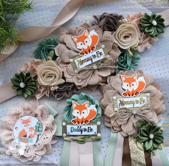 Fox Sage Woodland Baby Shower, Flower Fox Woodland Maternity Sash, Mommy To Be Pin, Woodland Daddy To Be Pin, Fox Shower, Woodland Pin