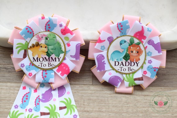 Girl Dinosaur Baby Shower, Pink Lavender Dinosaur Corsage Pin, Dinosaur Mommy to Be Ribbon Pin, Dinosaur Daddy to Be Pin