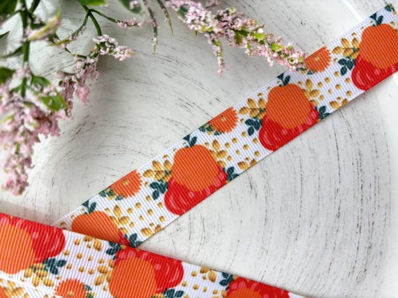 Orange Flowers Grosgrain Ribbon, Diaper Cake Ribbon, Orange Flowers Thanksgiving Ribbon || 3 Yards of Ribbon - 1" (25mm)