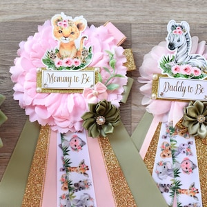 Girl Animal Safari Maternity Sash, Pink Safari Maternity Sash, Animal Mommy To Be Ribbon, Daddy To Be Pin, Safari Baby Shower Gift - S0002