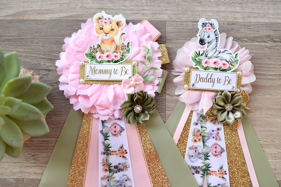 Girl Animal Safari Maternity Sash, Pink Safari Maternity Sash, Animal Mommy To Be Ribbon, Daddy To Be Pin, Safari Baby Shower Gift - S0002