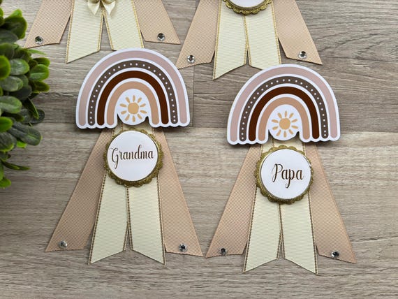 Boho Neutral Rainbow Baby Shower, Boho Parent Pins, Boho Rainbow Mommy To Be Ribbon Pin, Rainbow Daddy to Be Pin