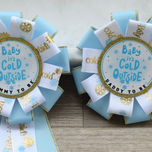 Blue White Snowflake Baby Shower, White Blue Silver Corsage Pins, Mommy To Be Ribbon, Snowflake Daddy To Be Pin, Baby It&#39;s Cold Outside