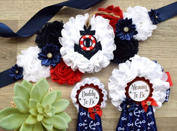 Nautical Baby Shower, Red Blue White Flower Sash, Ahoy Nautical Maternity Sash, Ahoy Its a Boy, Nautical Belly Sash, Nautical Sash, Custom