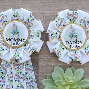 Gender Reveal Rabbit Baby Shower, Bunny Mommy to Be Ribbon Pin, Daddy To Be Pin, Parent&#39;s To Be Pins