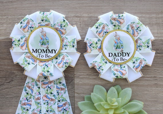 Gender Reveal Rabbit Baby Shower, Bunny Mommy to Be Ribbon Pin, Daddy To Be Pin, Parent's To Be Pins
