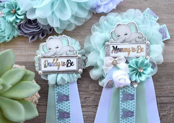Aqua Elephant Baby Shower, Baby Aqua White Grey Elephant Sash and Pin, Elephant Mommy To Be Corsage Pin, Elephant Daddy Pin, Boy Elephant