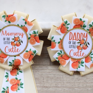 Orange Baby Shower, A Little Cutie Is On The Way, Orange Mommy To Be Ribbon Pin, Daddy To Be Ribbon, Orange Cutie Maternity Sash