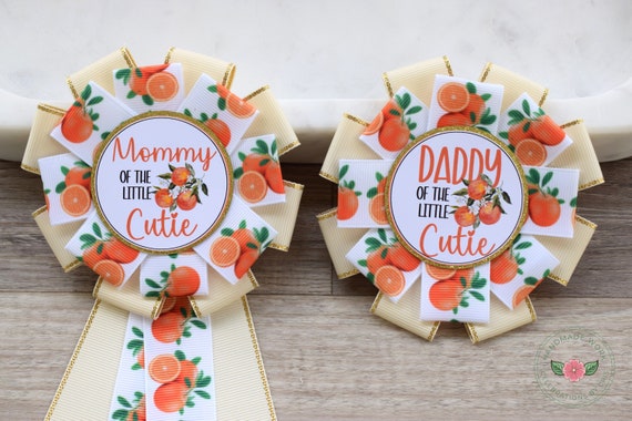 Orange Baby Shower, A Little Cutie Is On The Way, Orange Mommy To Be Ribbon Pin, Daddy To Be Ribbon, Orange Cutie Maternity Sash