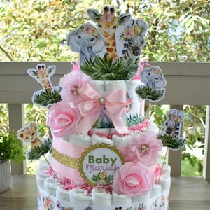 Girl Jungle Safari Mini Diaper Cake Baby Shower, Pink Baby Shower Centerpieces Decorations, Girls Room Nursery Decor, New Mom Gifts - S0001