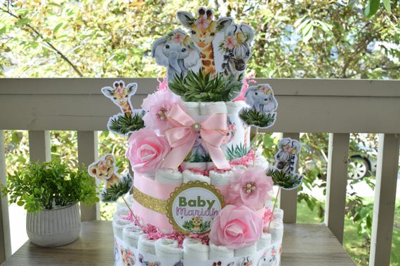 Girl Jungle Safari Mini Diaper Cake Baby Shower, Pink Baby Shower Centerpieces Decorations, Girls Room Nursery Decor, New Mom Gifts - S0001