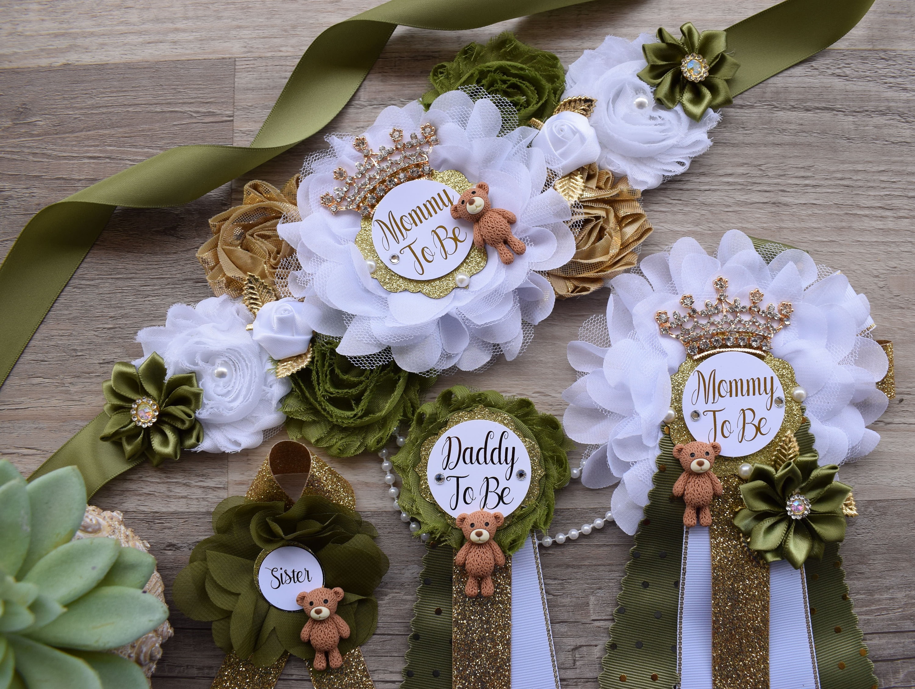 Olive Bear Baby Shower Set, Olive Maternity Sash, Teddy Bear Olive White Gold, Mommy To Be Pin, Daddy To Be Pin, Olive Baby Shower, Custom