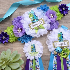 Little Monster Baby Shower, Purple Green Blue Maternity Sash, Mommy To Be Pin Ribbon, Daddy To Be Pin, Baby Shower Gift, Custom