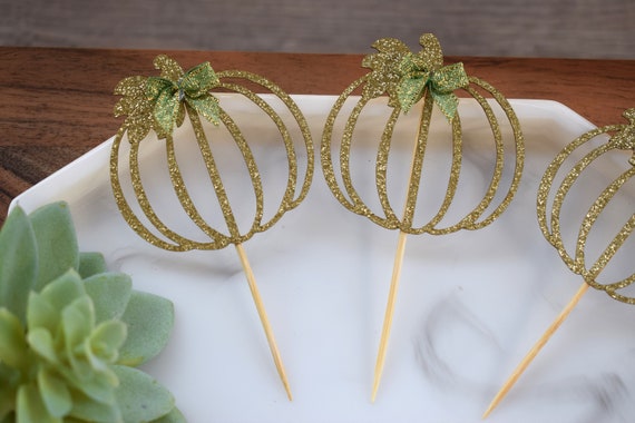 12 Green Gold Pumpkin Cupcake Topper, Pumpkin Baby Shower, Green Pumpkin Party, Set of 12