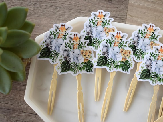12 Animal Safari Cupcake Toppers, Baby Shower, Party, Cupcake, Giraffe Zebra Elephant, Baby Shower Decorations - S0001
