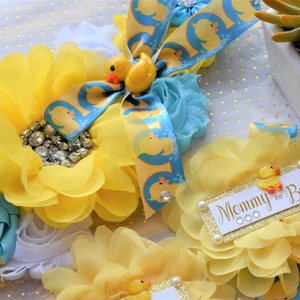 Rubber Duck Baby Shower, Ducky Flower Sash, Mommy To Be Ribbon, Daddy To Be Corsage Pin, Yellow Blue White Duck Baby Shower Sash, Custom image 3