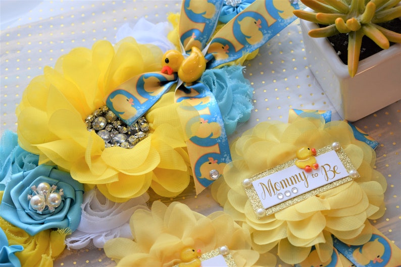 Rubber Duck Baby Shower, Ducky Flower Sash, Mommy To Be Ribbon, Daddy To Be Corsage Pin, Yellow Blue White Duck Baby Shower Sash, Custom image 3