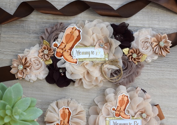 Cowboy Baby Shower, Rustic Tan Brown Cowboy Maternity Sash, Gender Reveal Cowboy Mommy To Be Ribbon, Daddy To Be Pin, Boot Hat Corsage Pin