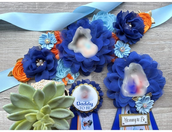 Baby Boy Baby Shower, Maternity Sash, Mommy To Be Ribbon Pin, Daddy To Be Pin, Orange and Blue Baby Shower Theme, Baby Shower Gift
