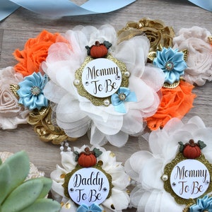 Blue Pumpkin Baby Shower, Ivory Blue Maternity Sash, Gold Blue Cream Flower Belly Sash, Pumpkin Flower Sash, Fall Belly Sash, Custom