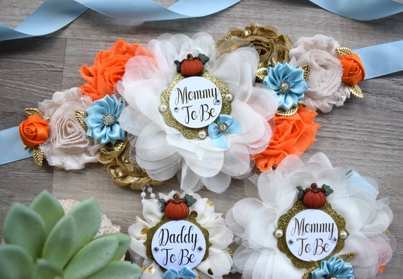 Blue Pumpkin Baby Shower, Ivory Blue Maternity Sash, Gold Blue Cream Flower Belly Sash, Pumpkin Flower Sash, Fall Belly Sash, Custom
