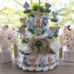 Jungle Safari Diaper Cake Baby Shower, Baby Shower Centerpieces Decorations, Room Nursery Decor, New Mom Gifts 3 Tier Diaper Cake - S0001